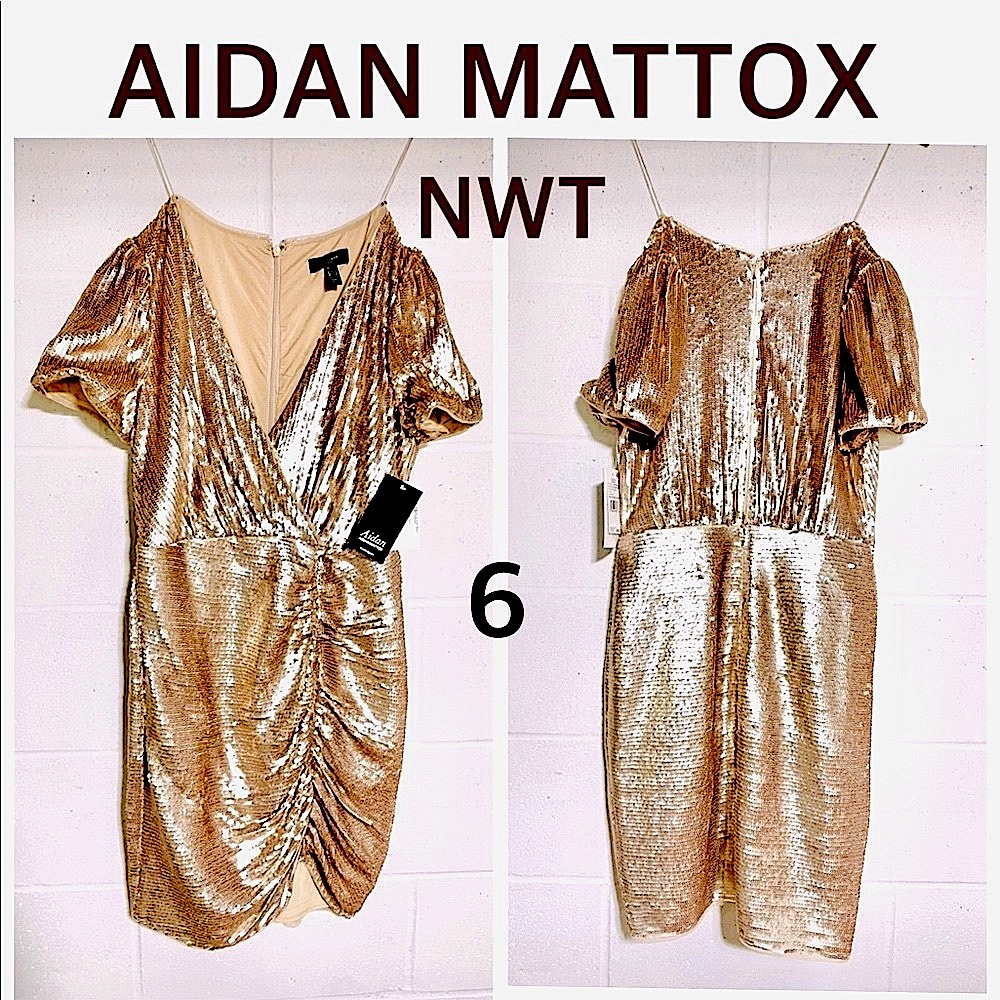 AIDAN MATTOX champagne gold sequined red carpet drape deep plunge NWT 6 0 2 4 10